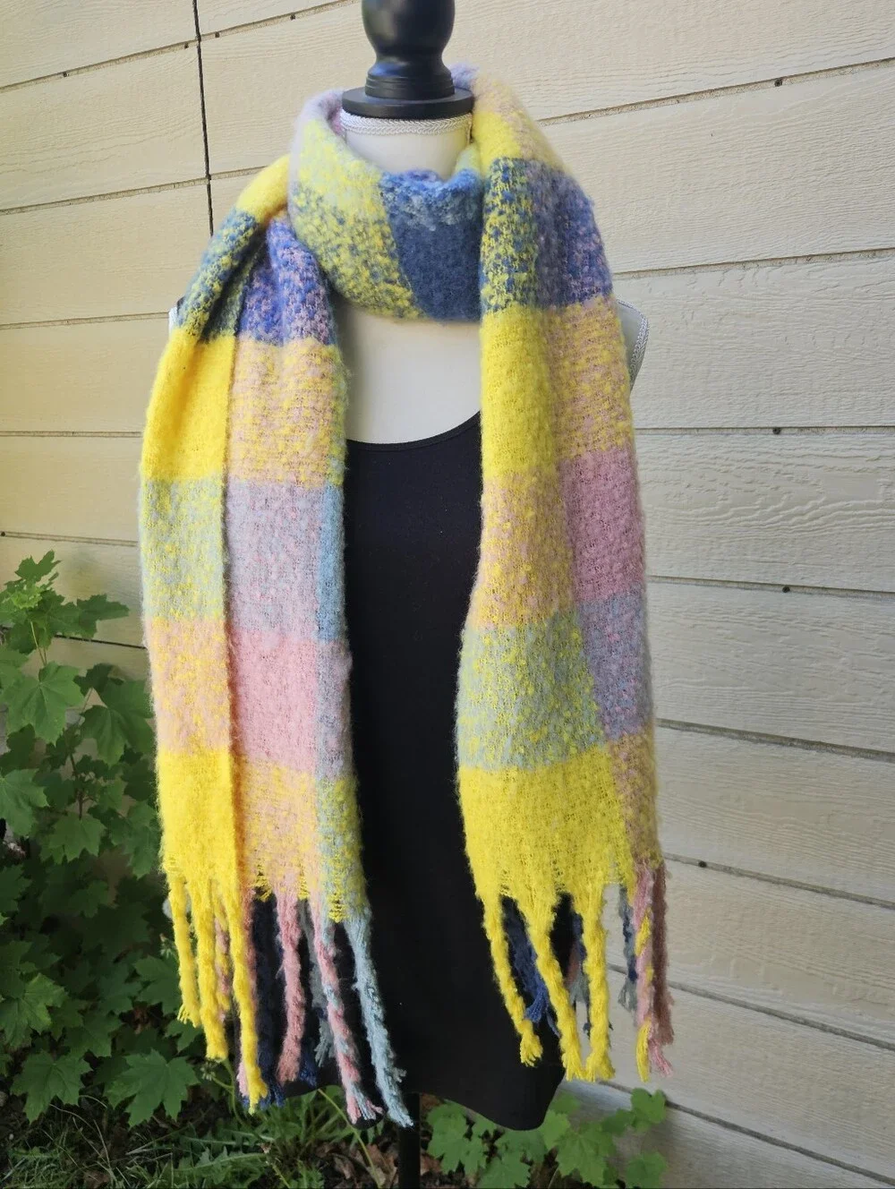 bright oversized plush boucle knit scarf yellow pink blue plaid